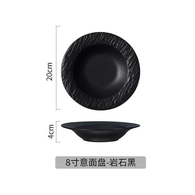 Western-style ceramic dinner plate, pasta, western food, soup plate, frosted stone pattern, black and white hotel french plate, tableware, dinner plate