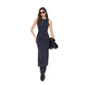 new arrivalsense of design side waist twist slit hip skirt round neck sleeveless button elegantknittingdress for women