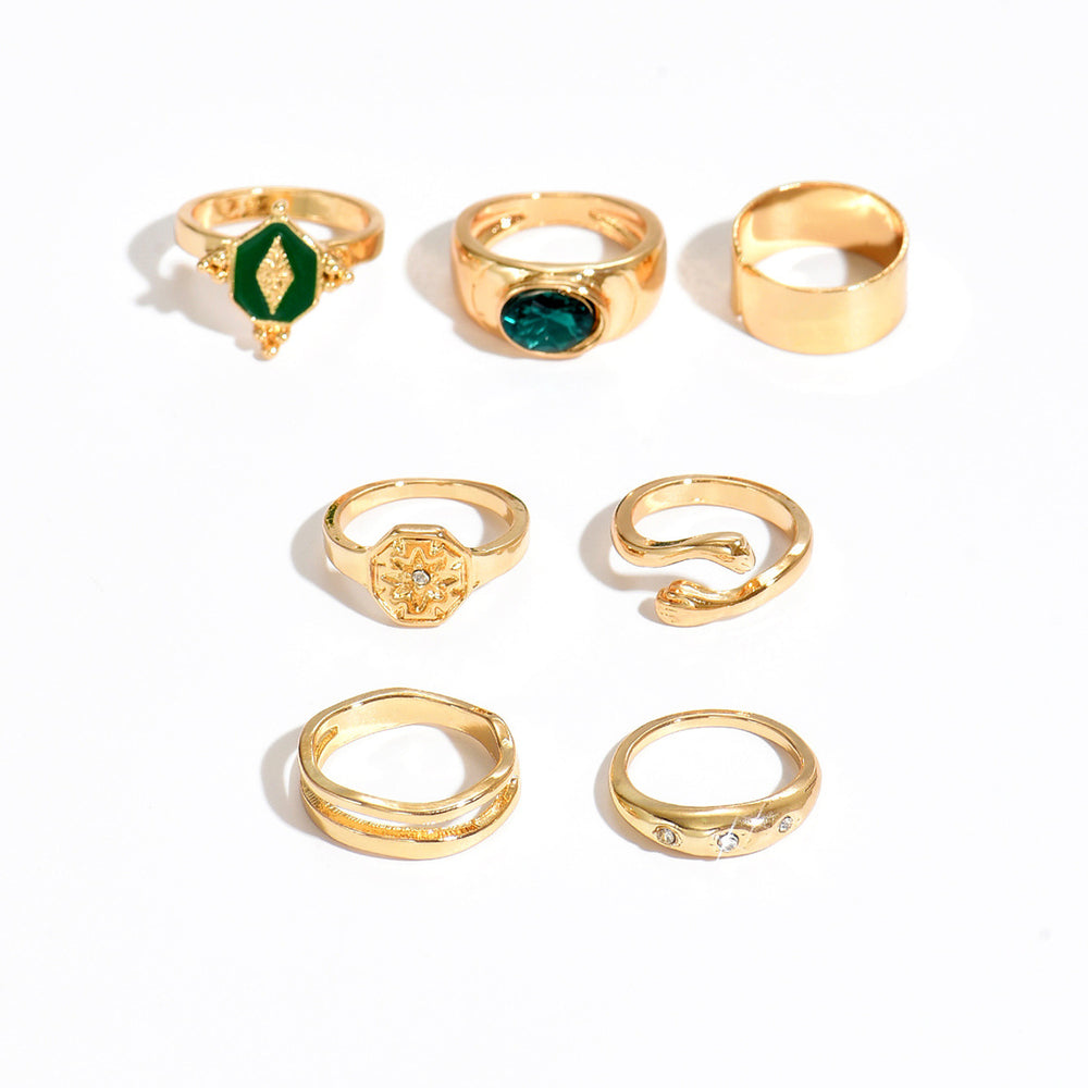 European and american cross-border retro green diamond ring set - trendy, instagrammable, light luxury, high-end rhombus and eight-pointed star rings