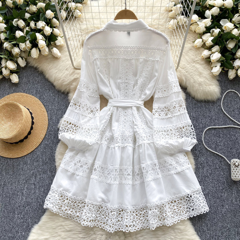 Palace style dress women's frenchretrocut outembroiderlacepatchwork lantern sleeve single breasted waist a-line skirt