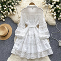 Palace style dress women's frenchretrocut outembroiderlacepatchwork lantern sleeve single breasted waist a-line skirt