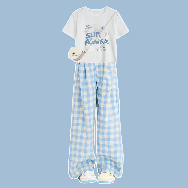 Dopamine plaid pants girl summernew arrivalcasual pants loose children's clothing lazy style loose pantssuit