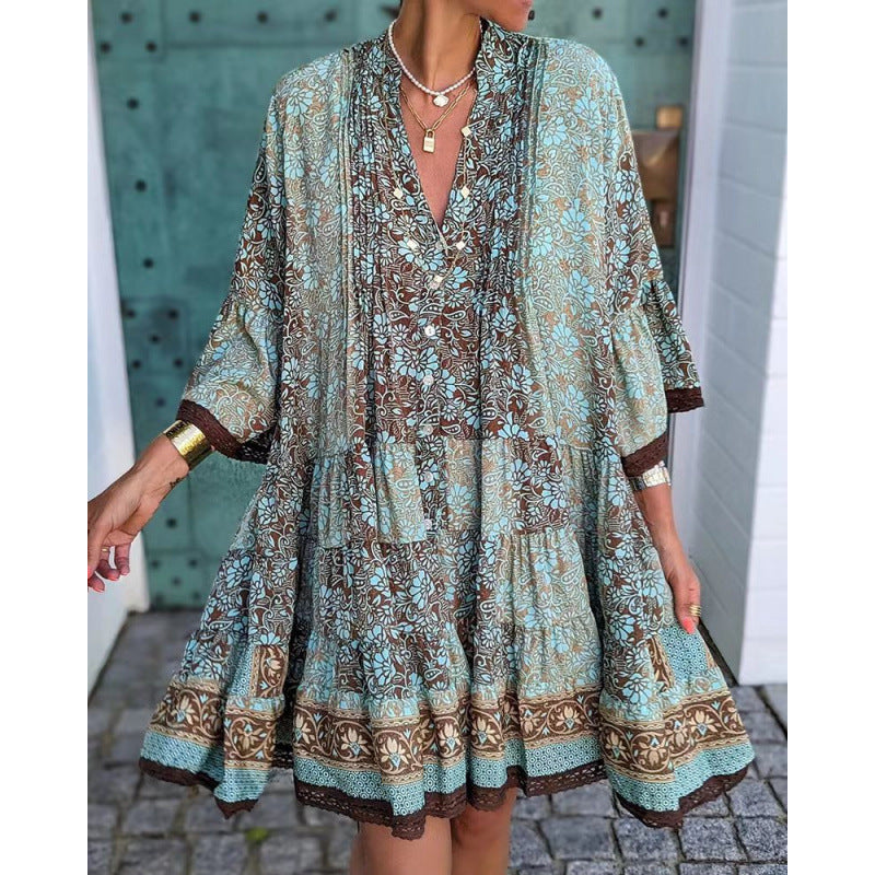 fashion: european and american style, summer new arrival - elegant flared sleeve printed v-neck dress for women