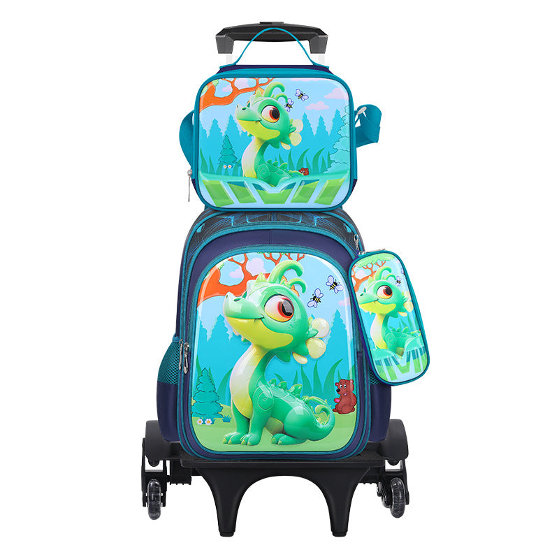New 3d leather elementary school nylon fabric three-piece set kids' trolley backpack foreign trade lunch bag factory in stock