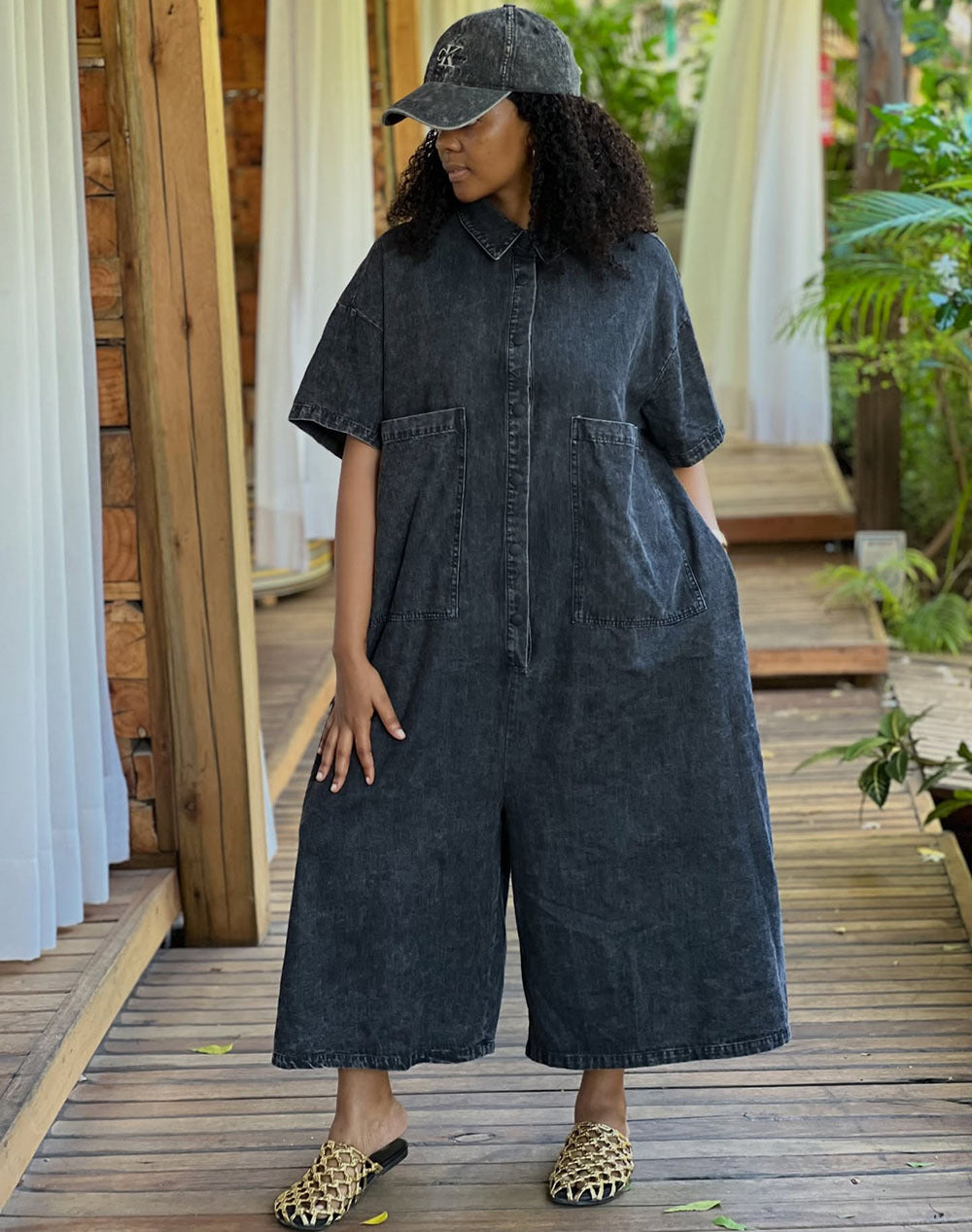 European and american style denim jumpsuit  cross-border foreign trade women's washed single-breasted short-sleeved loose jumpsuit