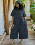 European and american style denim jumpsuit  cross-border foreign trade women's washed single-breasted short-sleeved loose jumpsuit