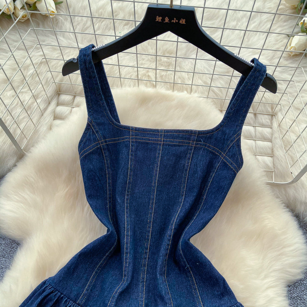 Spicy girl suspender denim flower bud dress women's summer k-style niche design waist slimming lookelegant a-line skirt