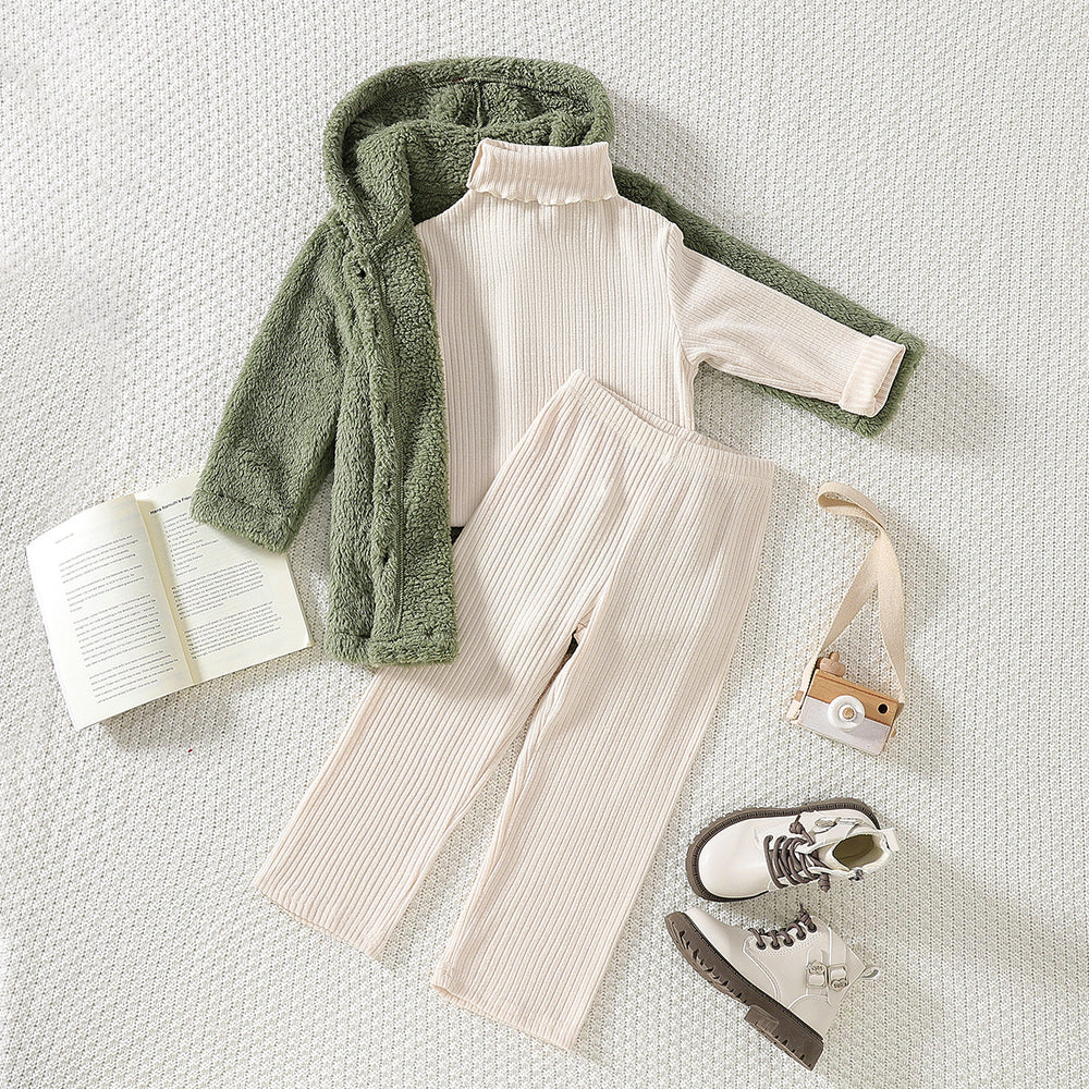 Warm winter fashion fleece-lined outwear high collar texture topspantsheattechfall and winter suit pants suit three-piece set