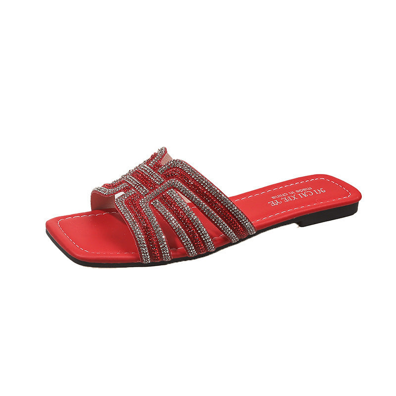 plus size cross-border flat slippers women's summer outwear full diamond one-line casual beach vacation sandals women's wholesale