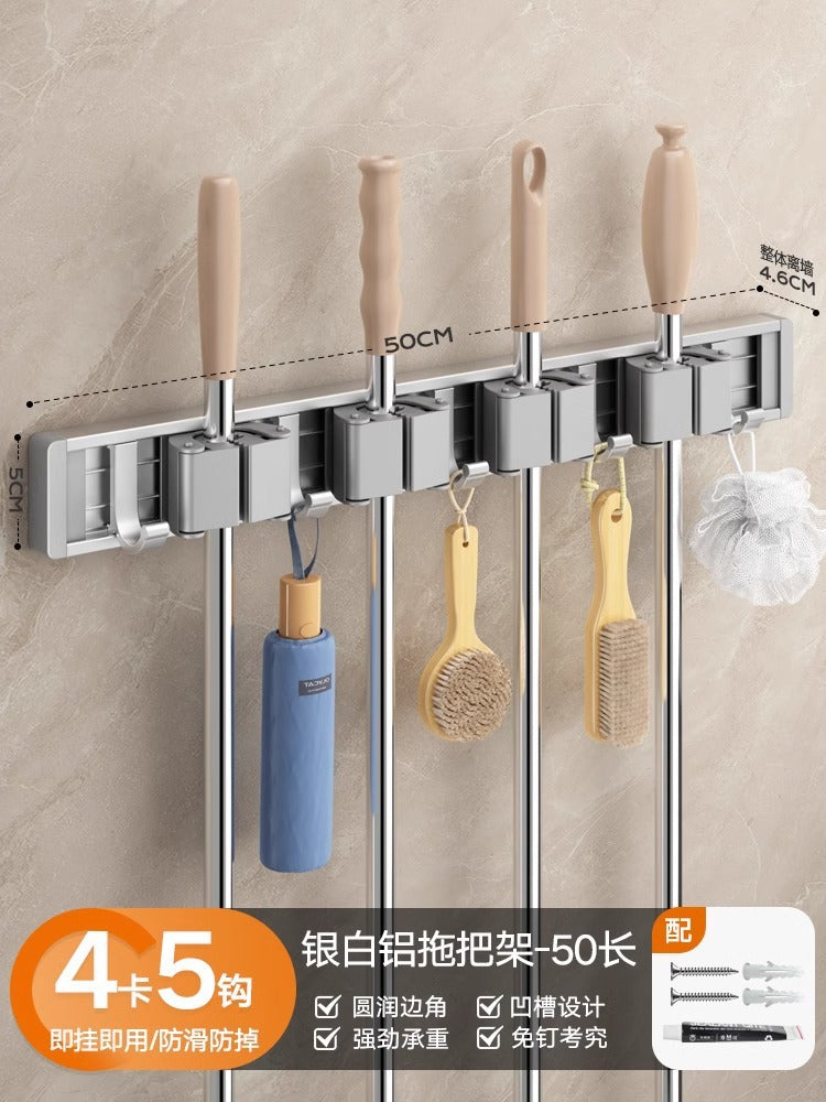 Blue vine mop wall mount clip - no drilling required - bathroom broom holder, mop rack organizer with large hook