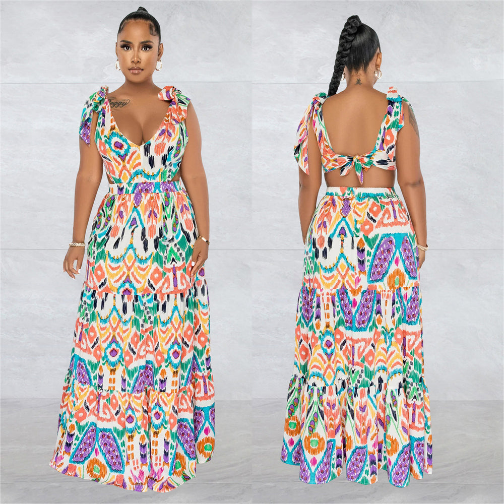 X6270 cross-border   fashion women's sleeveless tie-shoulder maxi dress