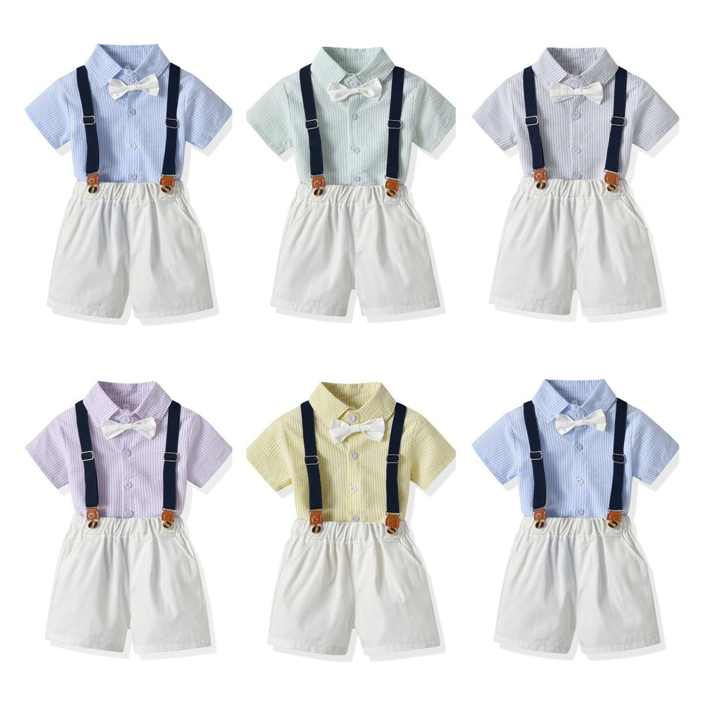 Wholesale children's clothing direct from the manufacturer: boys' preppy-style short-sleeved plaid shirt and suspender shorts set, dropshipping available