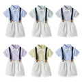 Wholesale children's clothing direct from the manufacturer: boys' preppy-style short-sleeved plaid shirt and suspender shorts set, dropshipping available