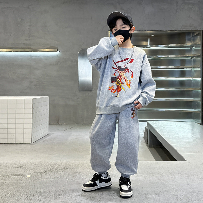 Boys'  cartoon top spring/autumn sweatshirt set - middle to big kids' nezha long-sleeve outfit - crew neck children's clothing - boys' two-piece set