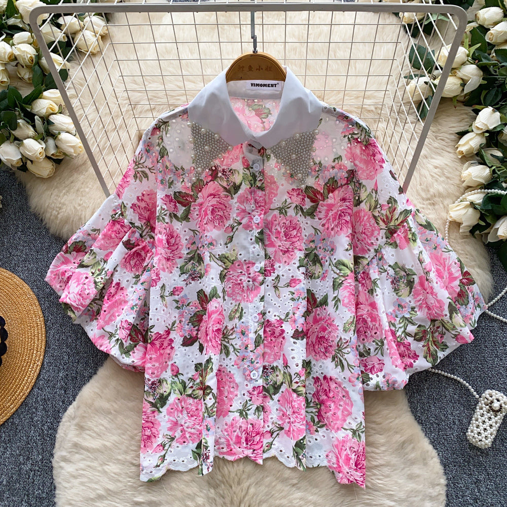Vacation style heavy industry diamond-encrusted doll collar lantern sleeve printingshirt women's summer short-sleeved looseslimming lookcardigantops