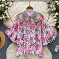 Vacation style heavy industry diamond-encrusted doll collar lantern sleeve printingshirt women's summer short-sleeved looseslimming lookcardigantops