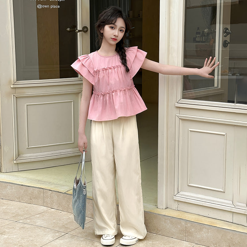 Girls' flutter sleeve outfit -  summer new fashion, stylish two-piece set for little girls, wide-leg pants for toddlers and young children
