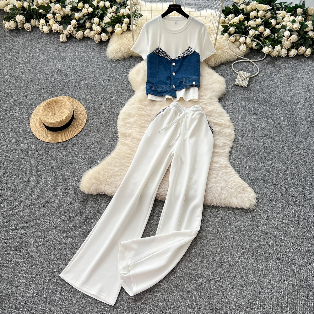 Casual outfit set for women: summer designer denim patchwork short-sleeve top and high-waisted wide-leg straight pants set