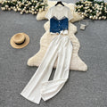 Casual outfit set for women: summer designer denim patchwork short-sleeve top and high-waisted wide-leg straight pants set