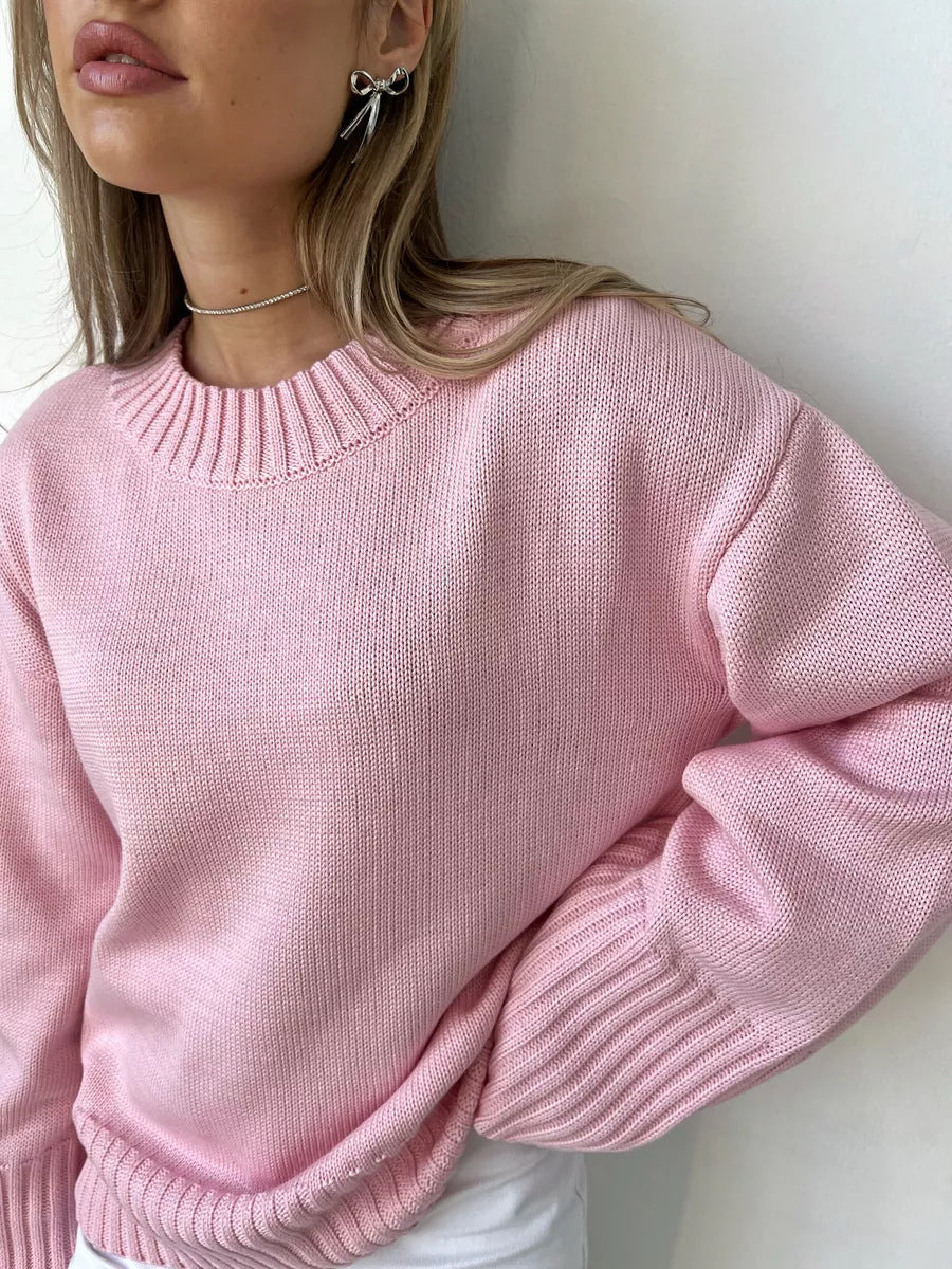 European and American   women's clothing loose women's long-sleeved round neck casual pullover knitted sweater fashionable solid color sweater women