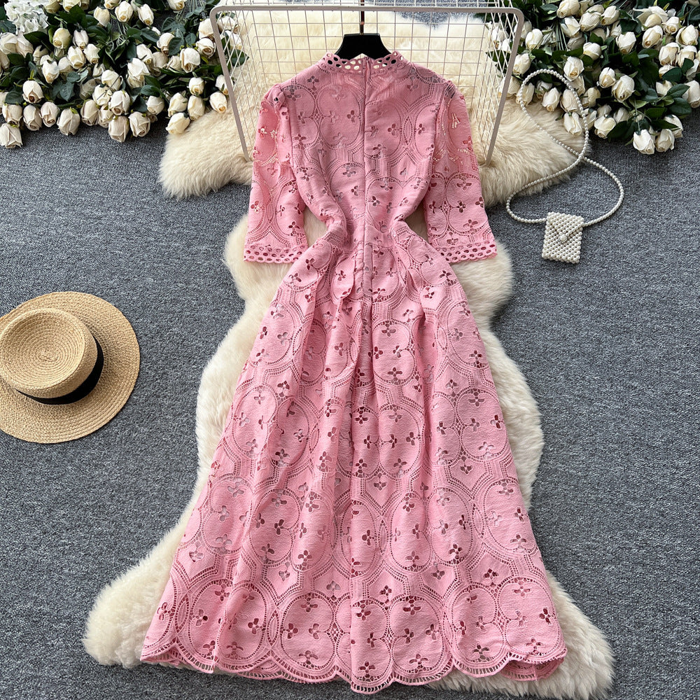 Frenchclassyelegant heavy industry cut out crochet half length sleeve dress women's autum waist slimming lookelegance long skirt
