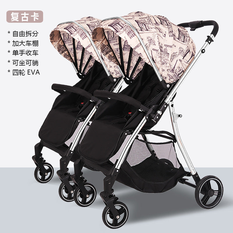 Twin stroller - lightweight, high-view, portable, convertible (sitting/reclining), detachable, double baby stroller, foldable, universal fit