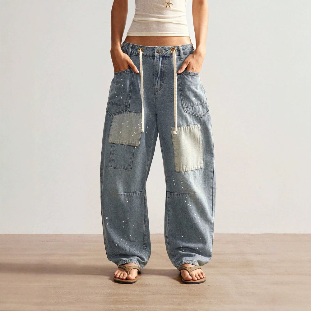 Fashionjeans women's patchwork patch splash ink wide-leg jeans high waist drawstring loosestraight-legcasualpants