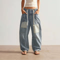 Fashionjeans women's patchwork patch splash ink wide-leg jeans high waist drawstring loosestraight-legcasualpants