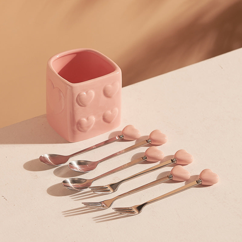 Heart-shaped ceramic fruit fork set - exquisite afternoon tea, hotel & restaurant decor, high-value fruit picks with storage jar - wholesale