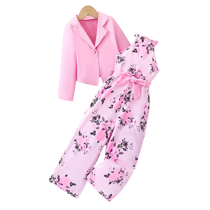 european style girls' sleeveless floral halter romper with pink blazer two-piece set