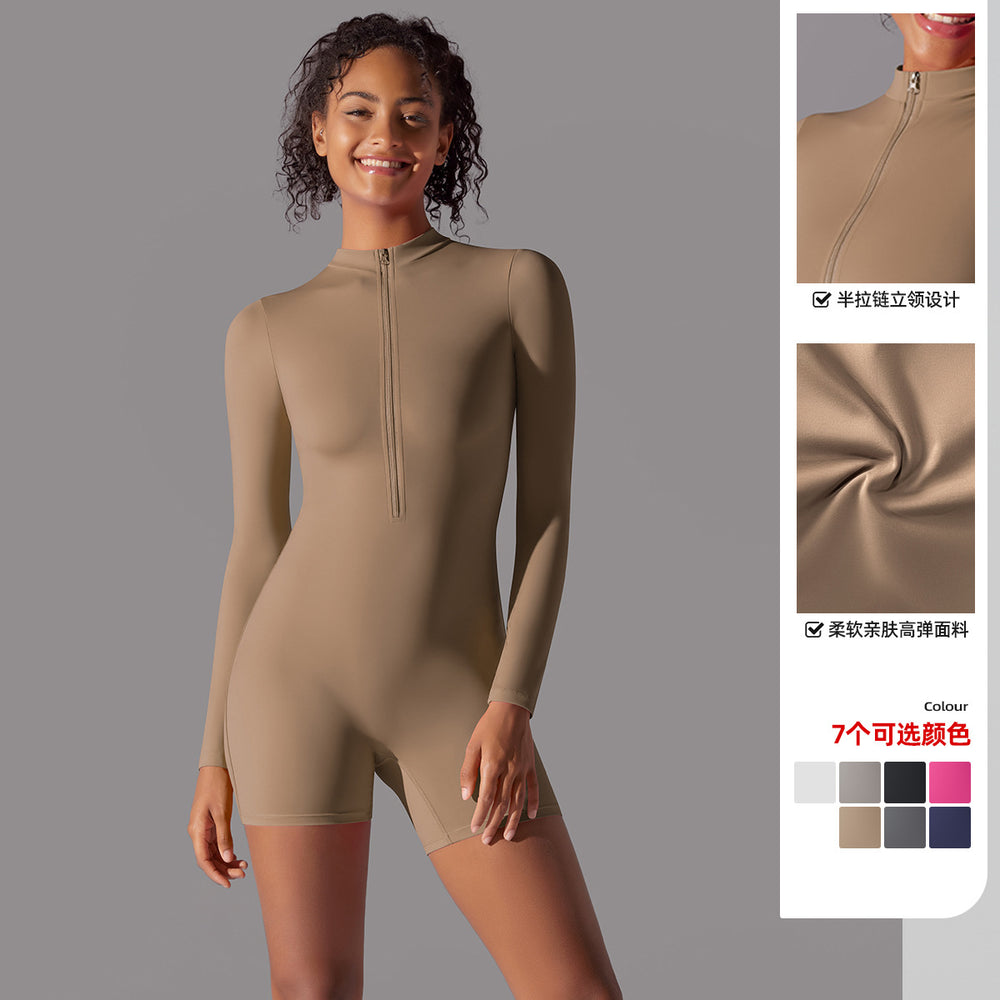 Half-open collar zipper long sleeves jumpsuit fitness sports sexy tight jumpsuit brushed nude comfortable yoga clothes