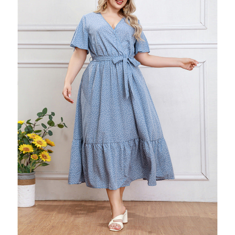 plus size cross-border new arrival:  women's original elegant v-neck ruffle trim polka dot dress