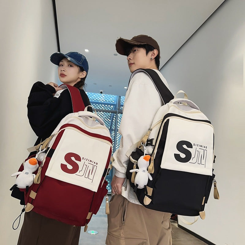 School bag female Japanese tooling style high school student junior high school student contrasting color backpack American retro large-capacity backpack male