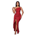 Amazon cross-border asymmetrical strap high-slit ruffle trim sequin maxi dress
