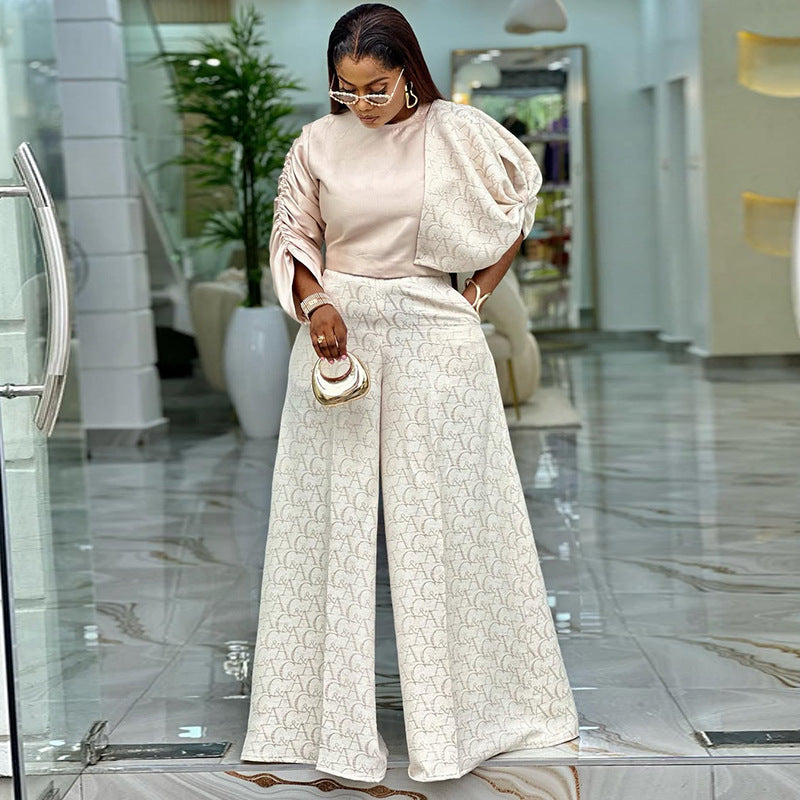European and american cross-border women's fashion:  autumn new collection - stylish round neck top with printed wide-leg pants set