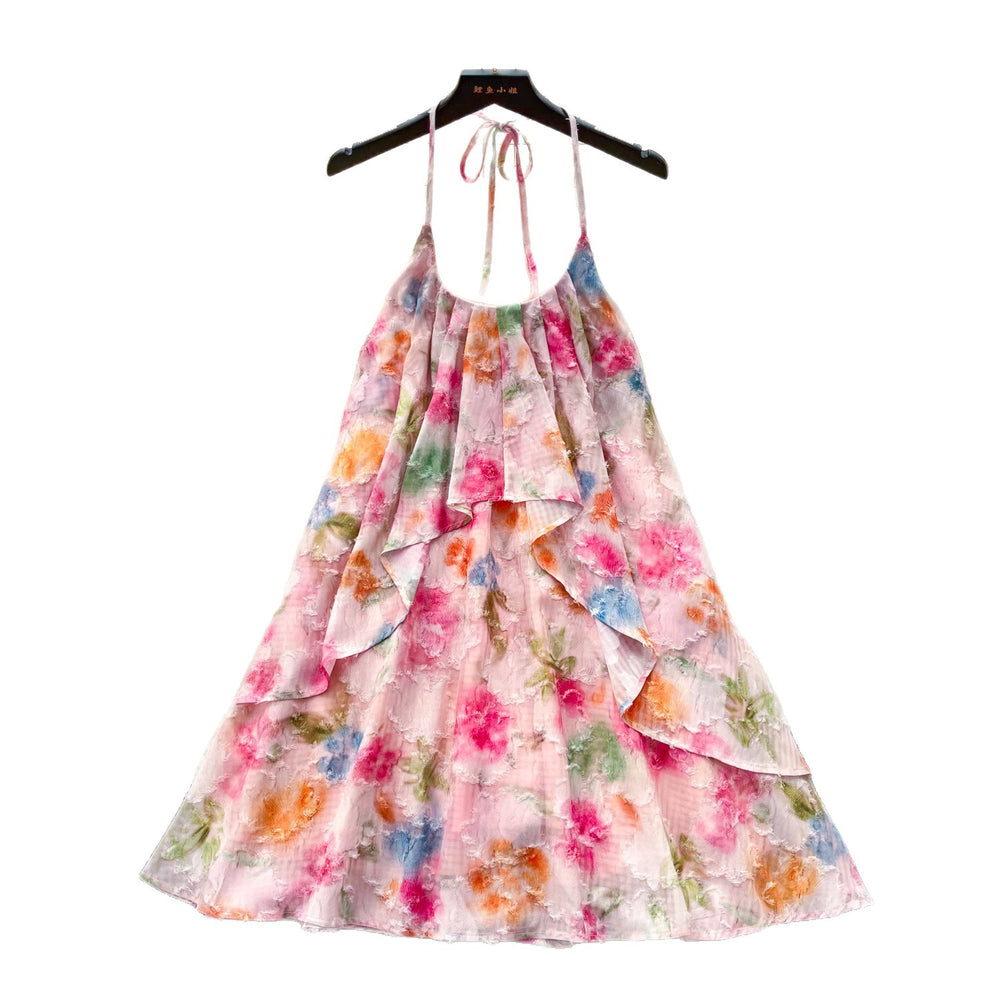 Vacation style halter neck floral, hot girl style dress for women summer dopamine a-line skirt gentle skirt pink sweet style