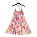 Vacation style halter neck floral, hot girl style dress for women summer dopamine a-line skirt gentle skirt pink sweet style