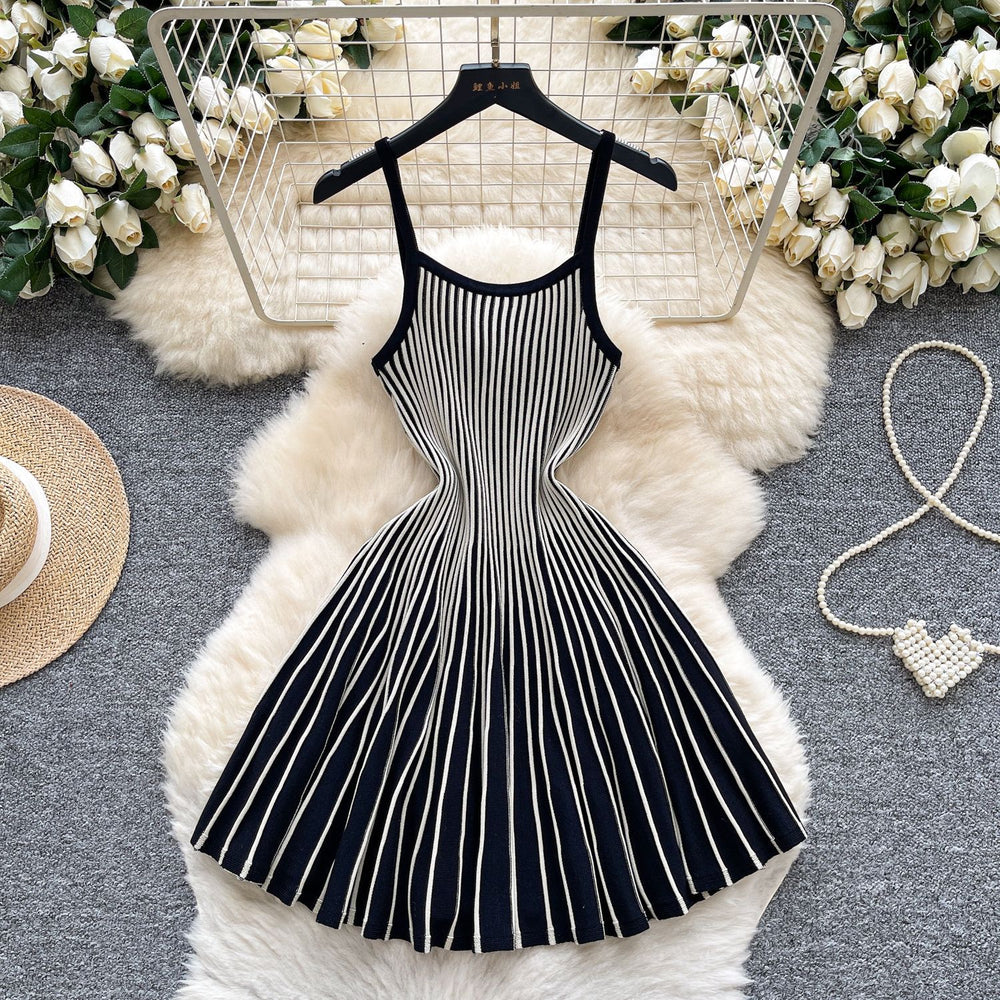 Elegant and chic camisole dress for women - autumn  collection: french retro, slimming, pleated, striped knit dress