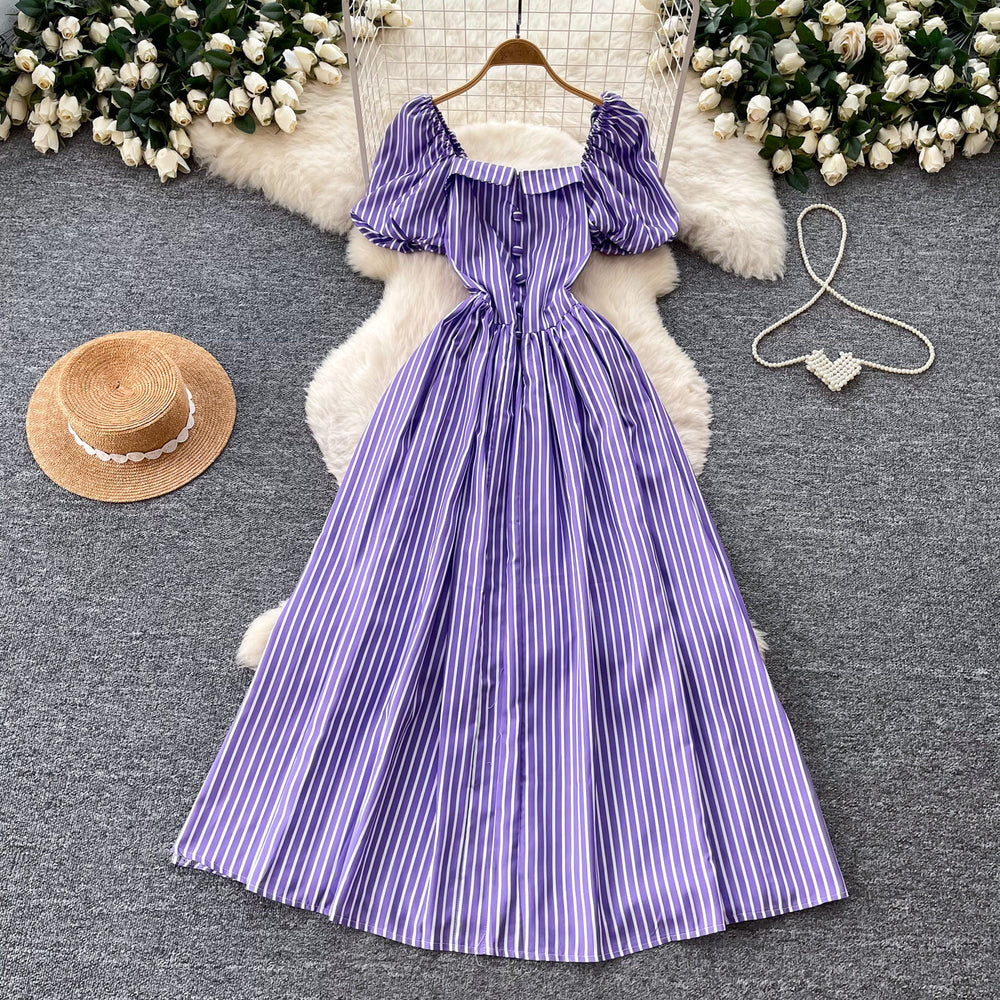 French square neck puff sleeve striped dress - women's summer korean style a-line midi dress for date night