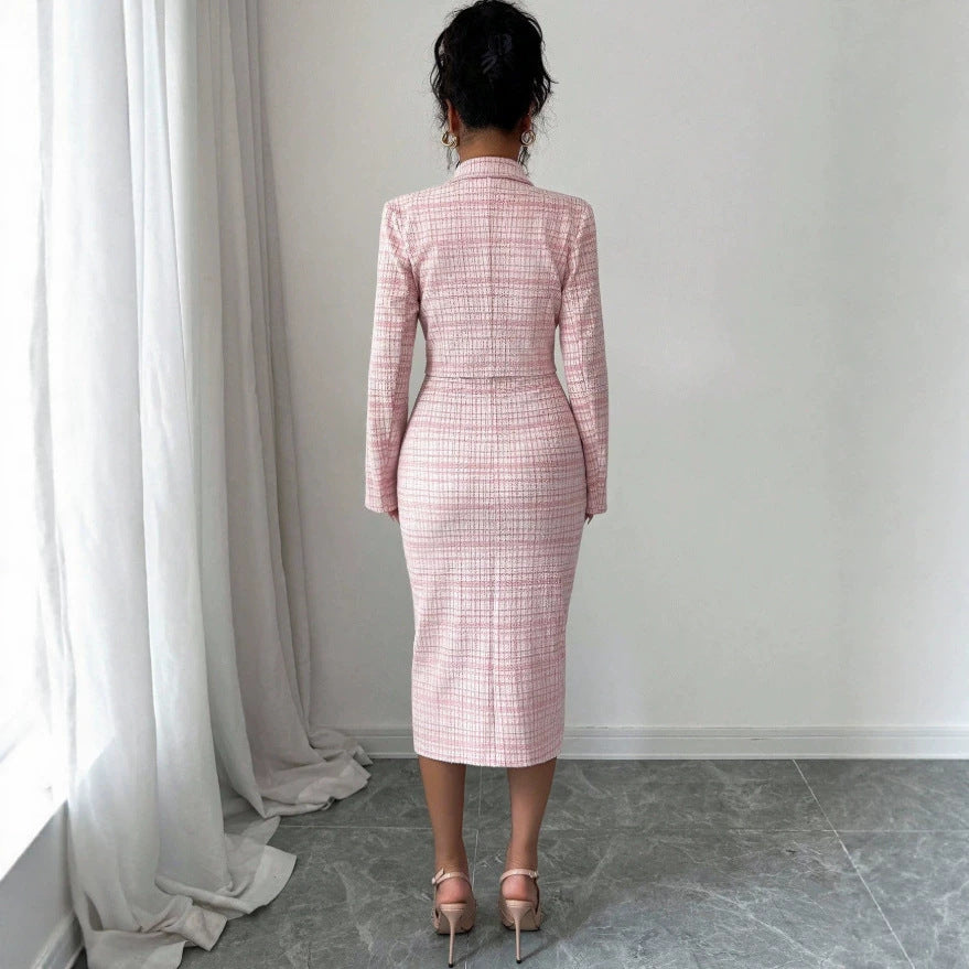 European and american autumn new arrivalfrenchretro tweed style lapel long sleevesoutwearelegant vest skirt two pieces
