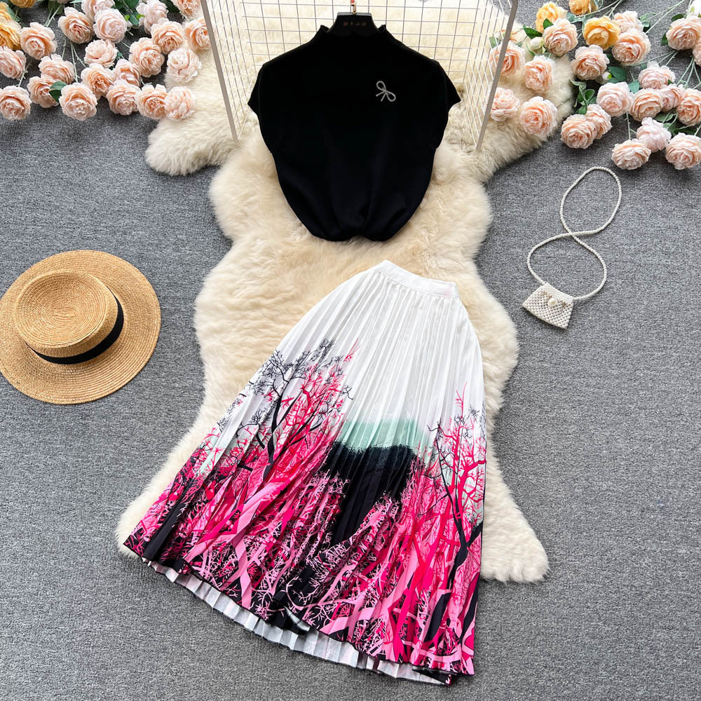 Vintage chic women's summer set: high-end design sleeveless blouse top + pleated maxi skirt two-piece outfit