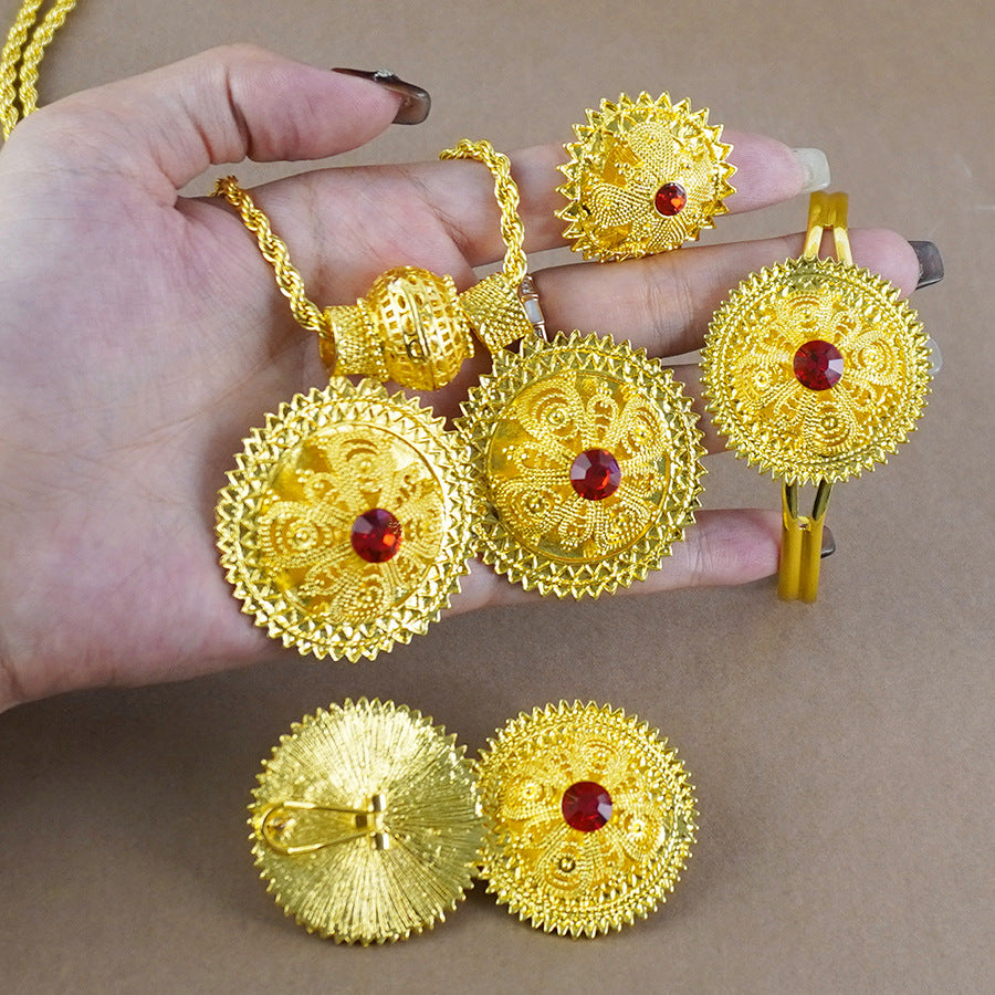middle eastern jewelry set: red gemstone earrings, ring, bracelet, and double pendant necklace – perfect wedding gift