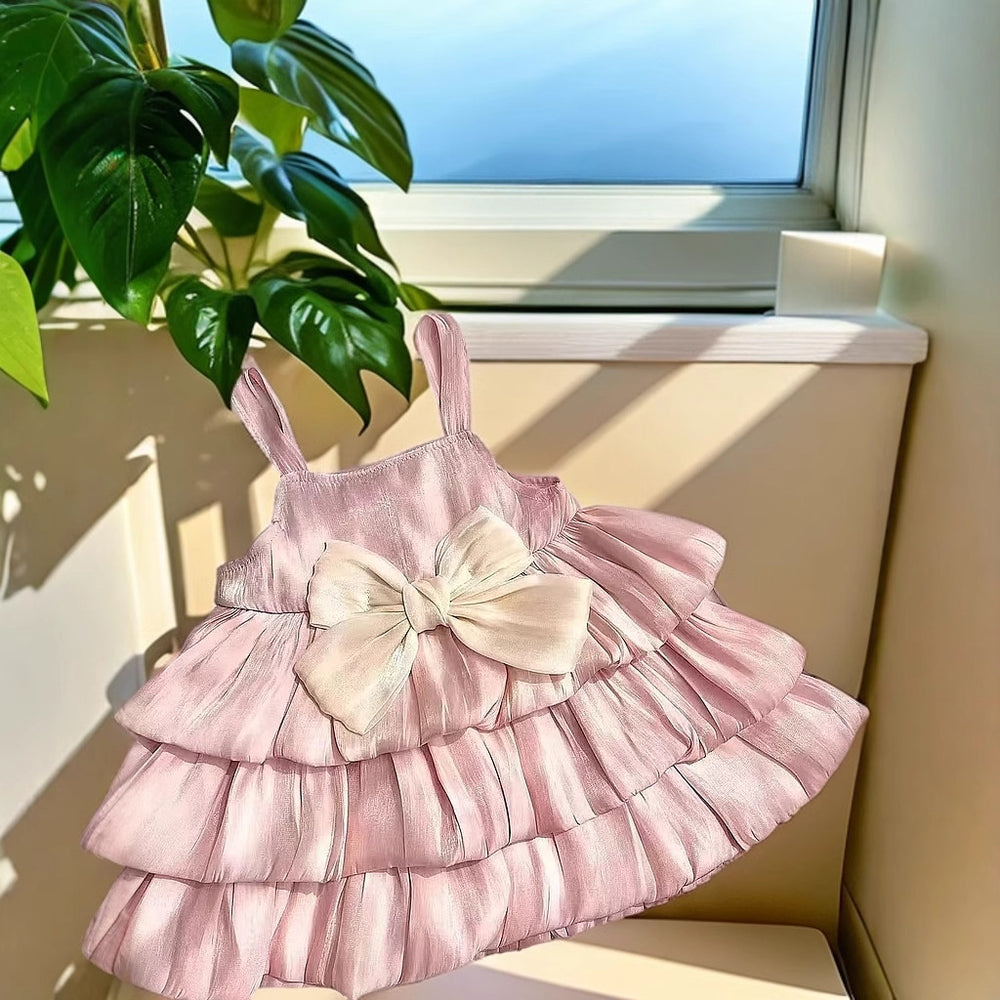 Girls' spaghetti strap satin cake dress -  summer new arrival: stylish, sweet, comfortable, and skin-friendly fashion for your little girl