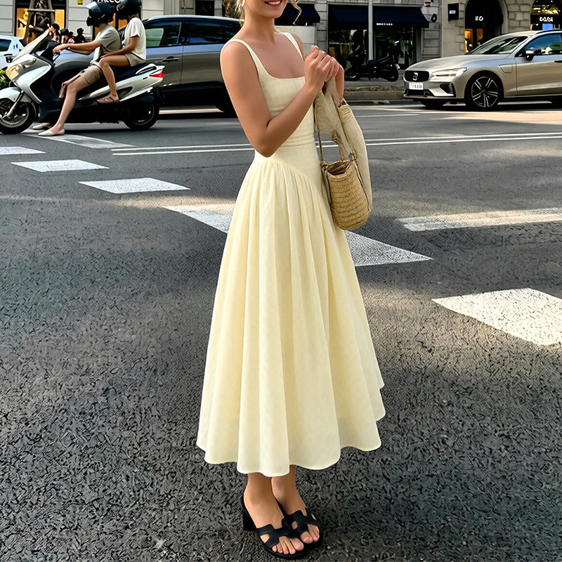 summer new women's clothing: cross-border export, european and american style, fashionable and elegant plaid square neck camisole waist-defining dress