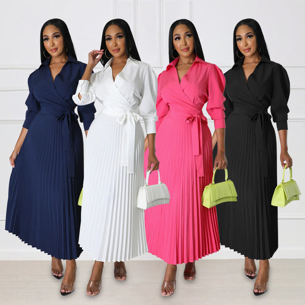 10180 Cross-border Europe, America,  Spring and Summer Long Sleeve Polo Neck High Waist Fashion Casual Pleated Women's Dress