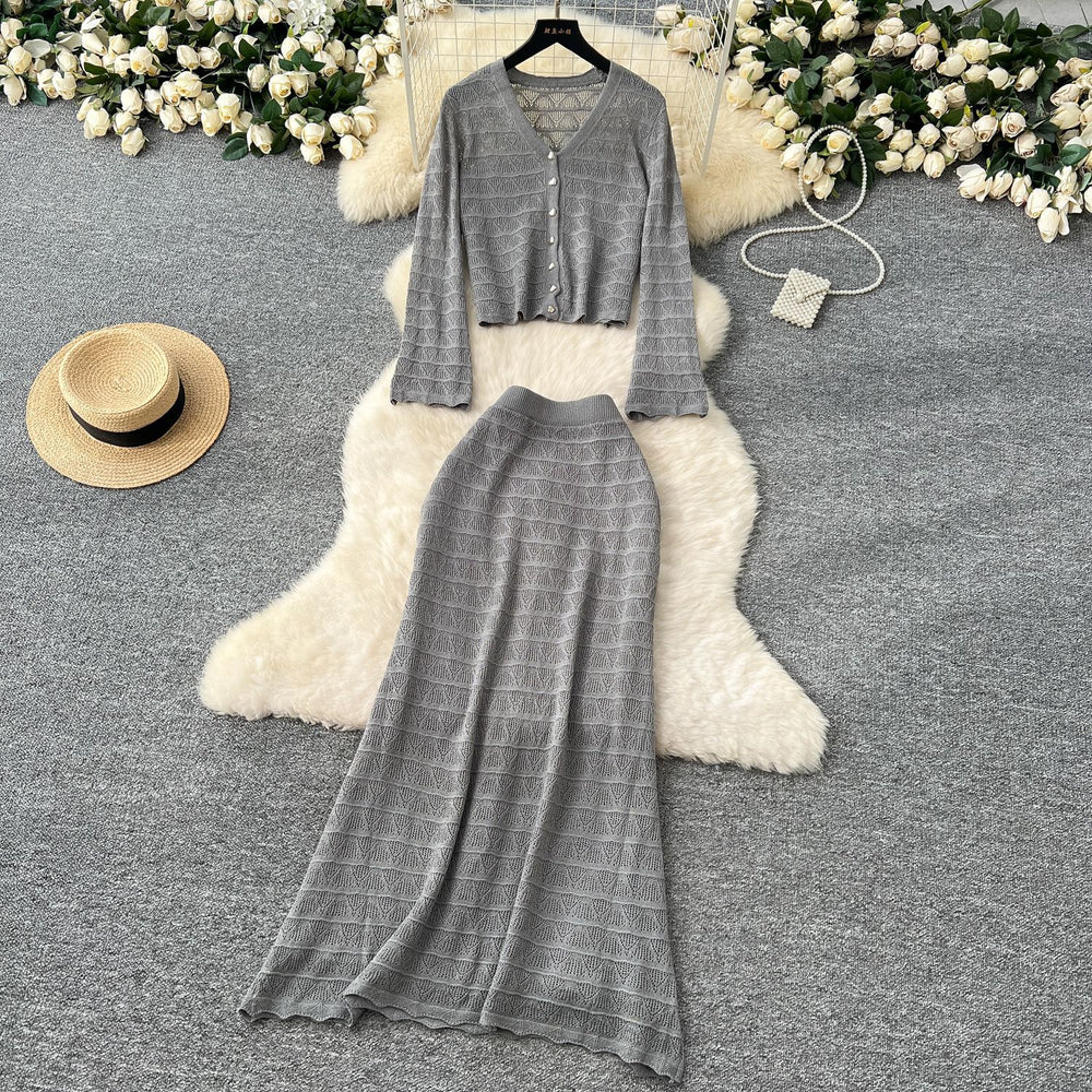 Korean style women's gentle & chic versatile v-neck long sleeve crochet knit cardigan with high-waisted midi skirt set