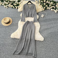 Korean style women's gentle & chic versatile v-neck long sleeve crochet knit cardigan with high-waisted midi skirt set