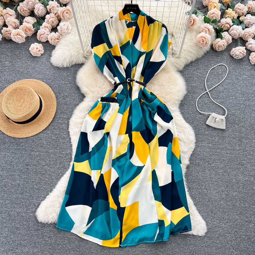 Luxury retro v-neck printed dress - women's summer french style tie-waist loose fit slimming midi shirt dress