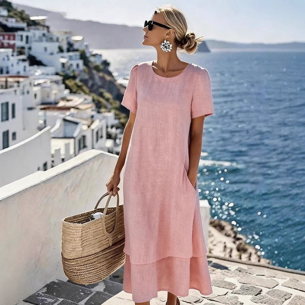 european and american cross-border  women's spring/summer vacation casual double-layer design round neck short sleeve dress