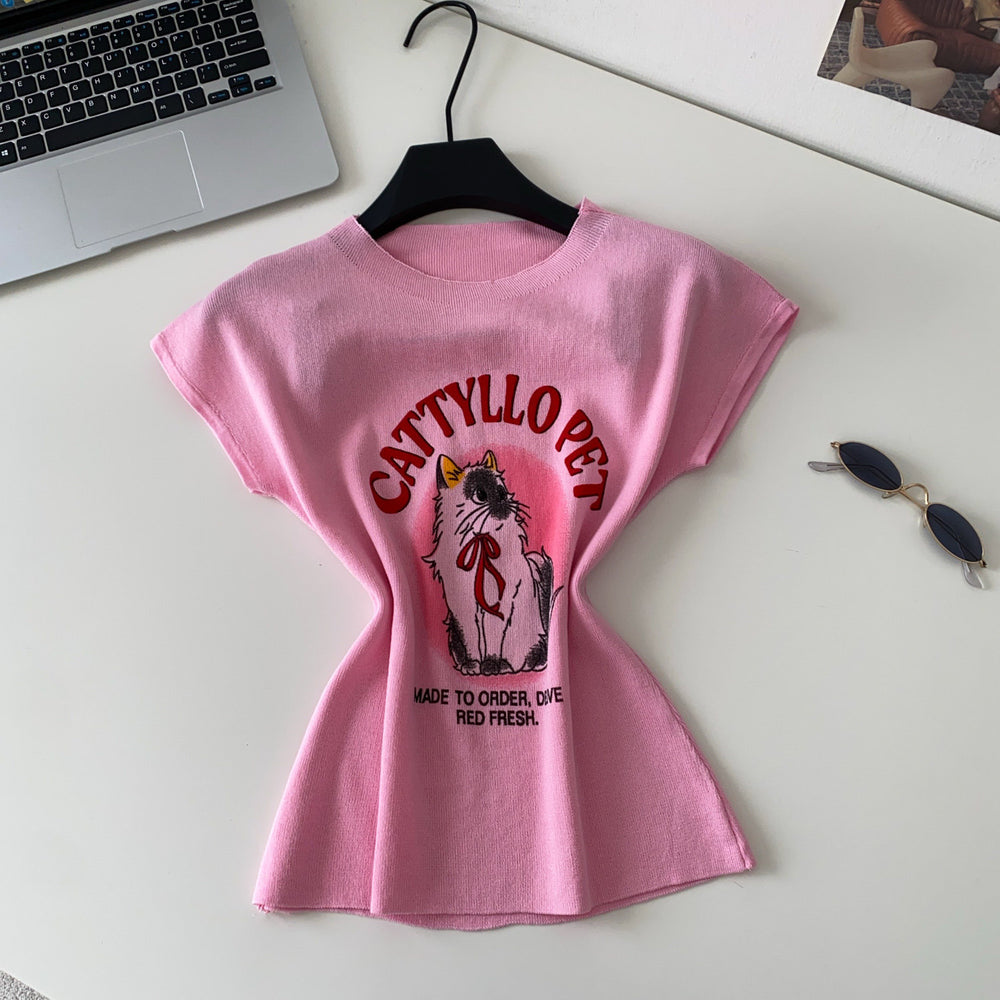 Cartoon cat print short-sleeve knit tank top - women's summer style, slim fit, youthful, versatile casual top